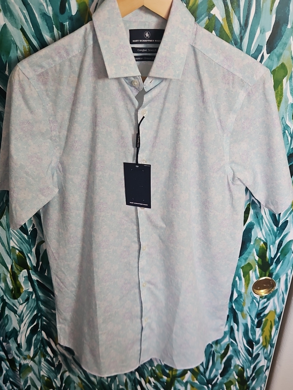 Hart Schaffner Marx Pale Blue Floral Blueprint Collection Short Sleeve Shirt - S